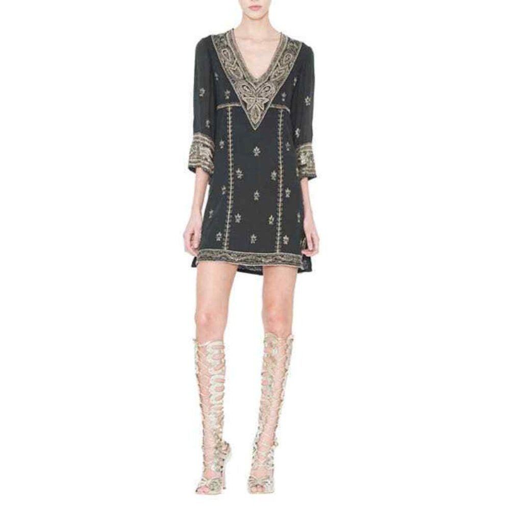 Alice + Olivia Ray Embroidered Mini Dress, Black/gold  size M